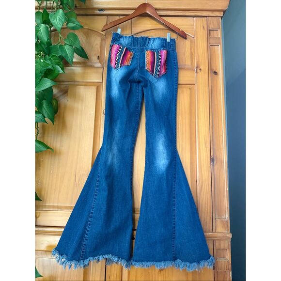 Judith March Boho Flare Jeans M – Fringe Hem Bell Bottom Denim with Aztec Back P - Picture 1 of 12